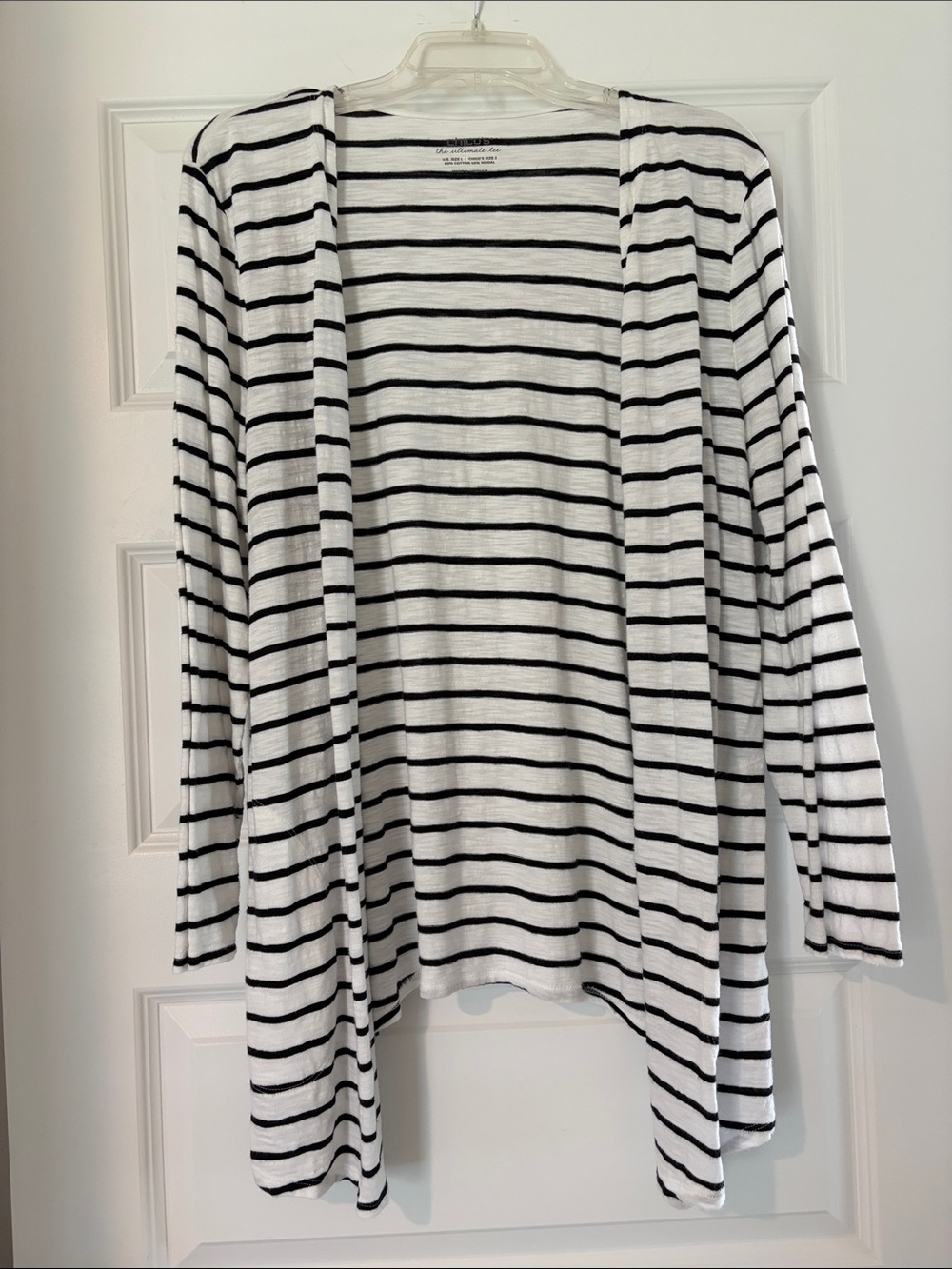 Chico’s Lightweight White and Black Striped Open-Front Women's Cardigan